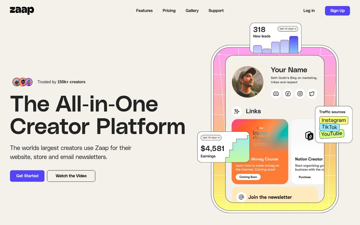 Zaap.ai creator platform homepage